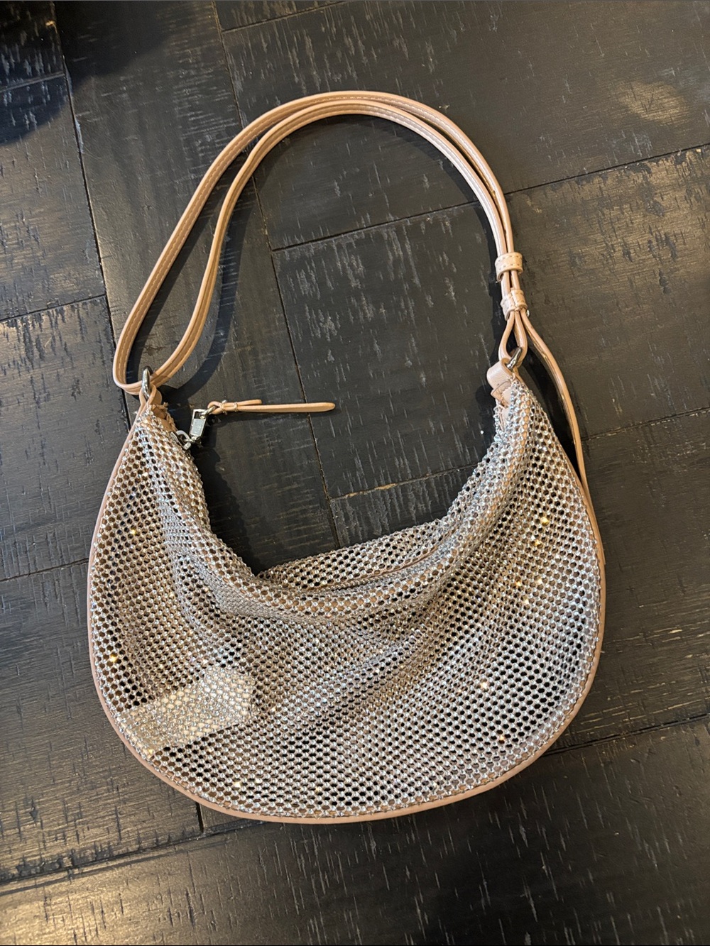 Zara Neutral Mesh Hobo Shoulder Bag - Cream Taupe Date Night Sexy Party